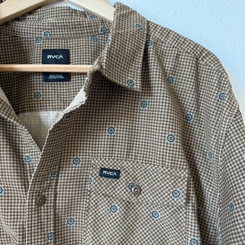 RVCA Brown Houndstooth Button Up Freeman Corduroy Long 100% Cotton Sleeve XXL - Picture 10 of 16